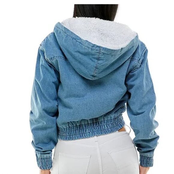 NWT CI SONO CAVALINI Sherpa Hooded Crop Jean Jacket Zip-up Medium Wash Denim  S - Picture 3 of 8